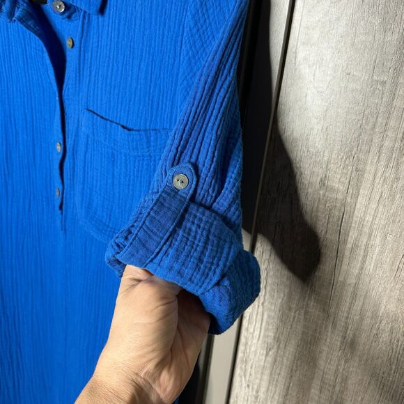 J. Jill Dress Womens Small Petite Midi Kaftan Gauze Roll Up Sleeves Pockets Blue - Picture 8 of 9